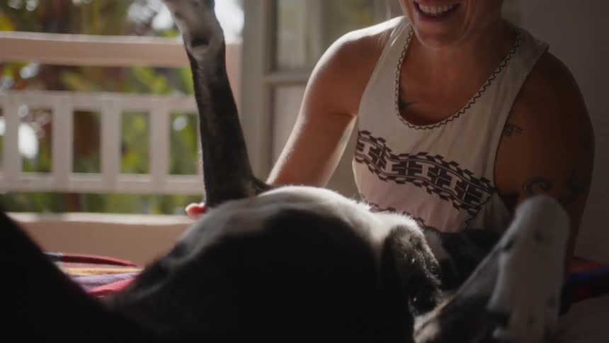 A clip of a lady playing with a dog