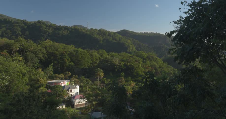 View of a house nestled among trees and hills