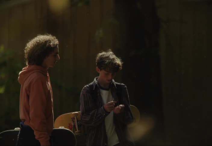 Two teenage friends standing near a wooden wall each holding a skateboard