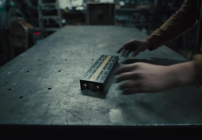 Pair of hands placing a metal object on top of a table