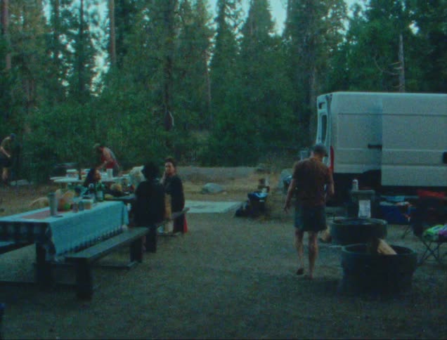 Friends are talking and cooking while they camp