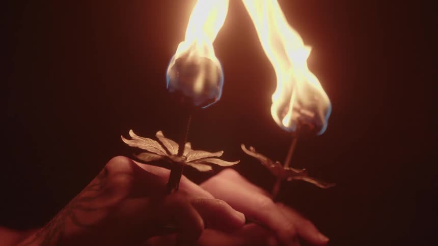 A person is holding two ornamental torches that have strong flames