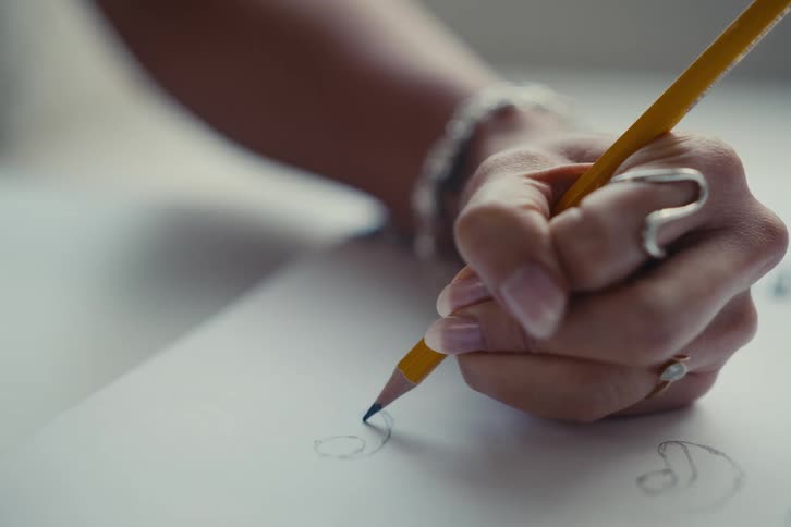 A womans hand sketching on a piece of paper with a pencil wearing several rings and a bracelet