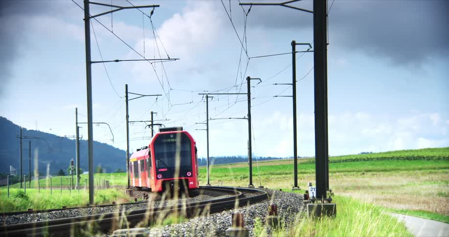 Red train moving along a track surrounded by vegetation