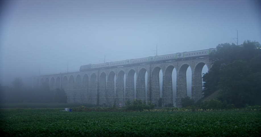 Train passing over a bridge on a foggy day