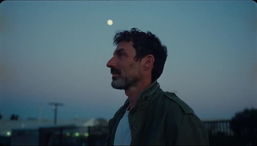 Man stands outdoors among buildings in the evening while the moon is in the sky