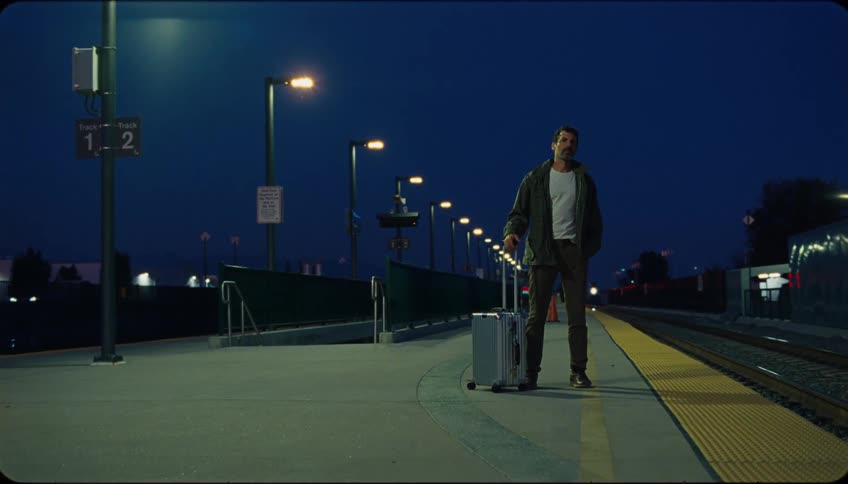 Man with a silver suitcase in an outdoor subway station at night