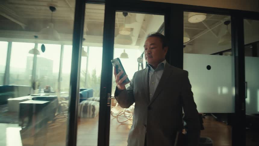 A person in a suit is walking down a modern office hallway while looking at a smartphone