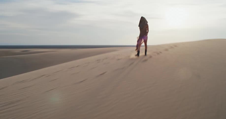 Lone person walks through the desert under a cloudy sky