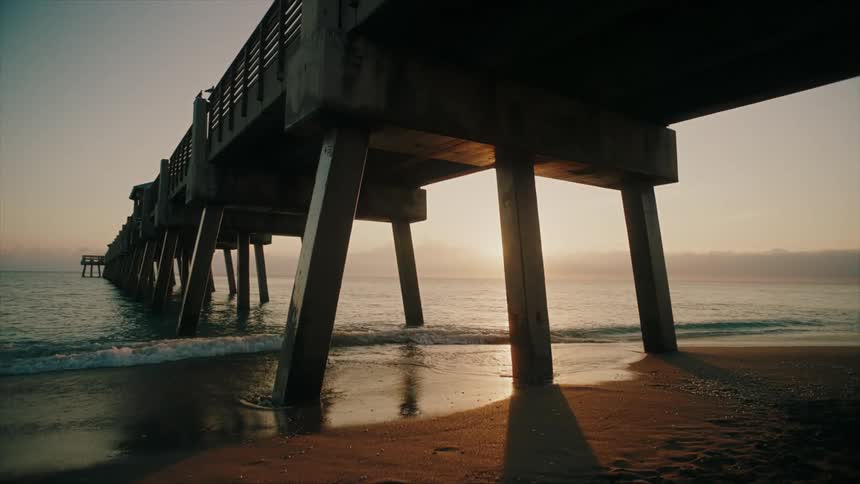 Underneath the juno beach pier waves lap the shore as a couple of birds fly from beneath to a ledge on the pier during sunrise or sunset