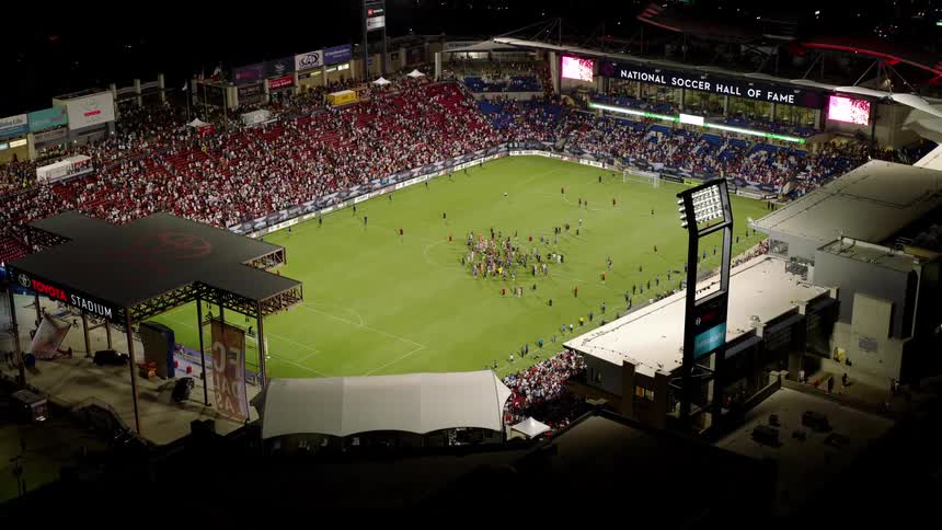 Aerial view of a soccer game taking place at toyota stadium