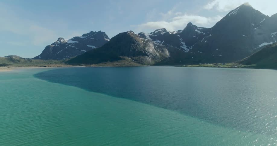 Aerial landscape of a turquoise blue lake surrounded by snowy mountains
