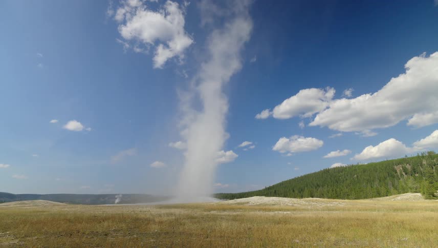 The steam the water vapor rising from a geyser in a field of beige grasses