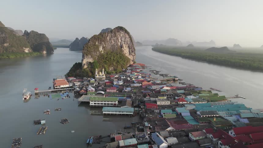 Aerial panorama of a picturesque village on an island surrounded by the sea