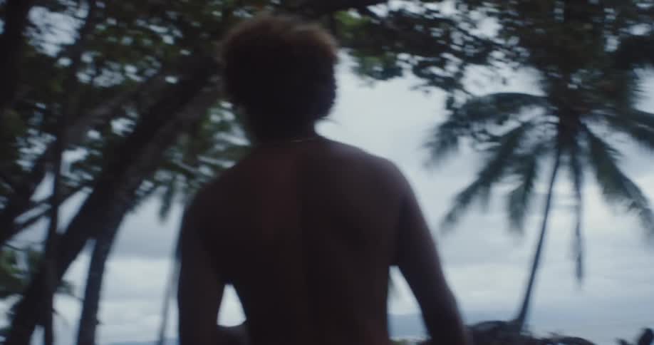 Shirtless man walking through a rainforest