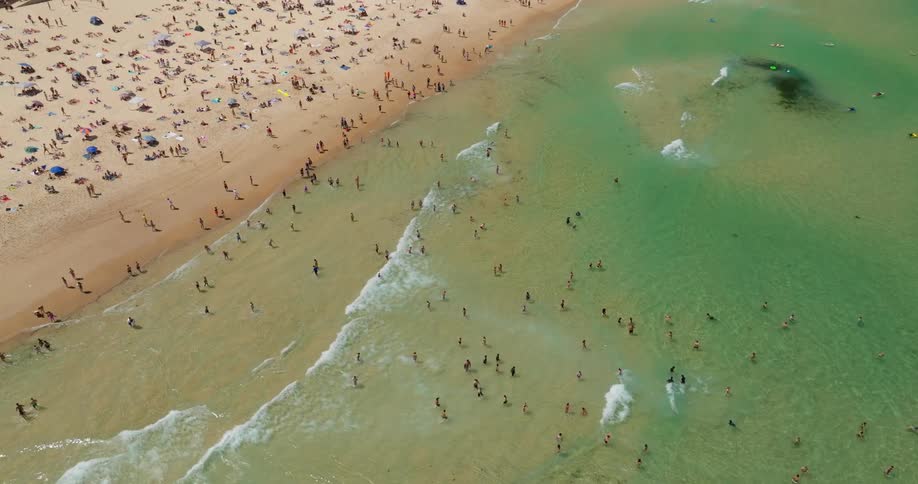 Aerial view of a crowd of beachgoers enjoying summer on the beach