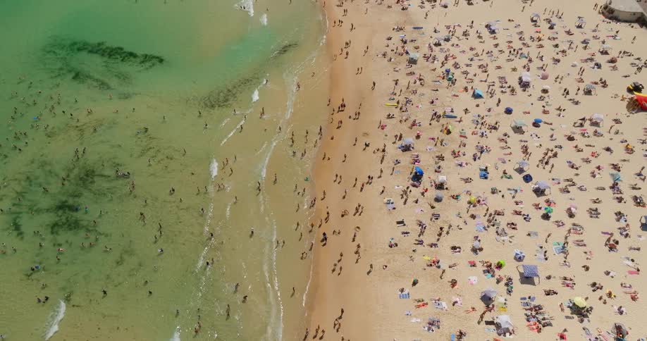 A large crowd fills the beach with blue waters