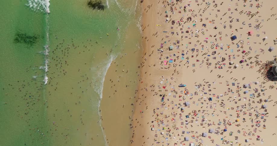 A dense crowd of people relaxes on a sandy beach while the ocean waves gently lap at the shore