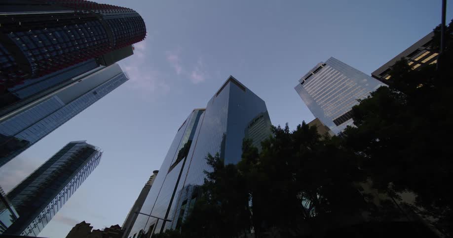Upward view of skyscrapers in a city