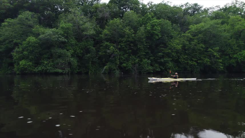 A man is paddling on a kayak