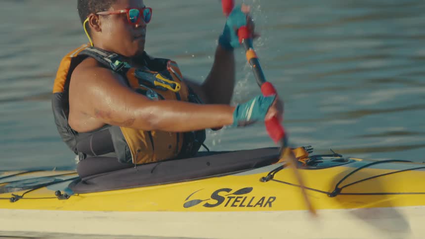 Man with sunglasses canoeing