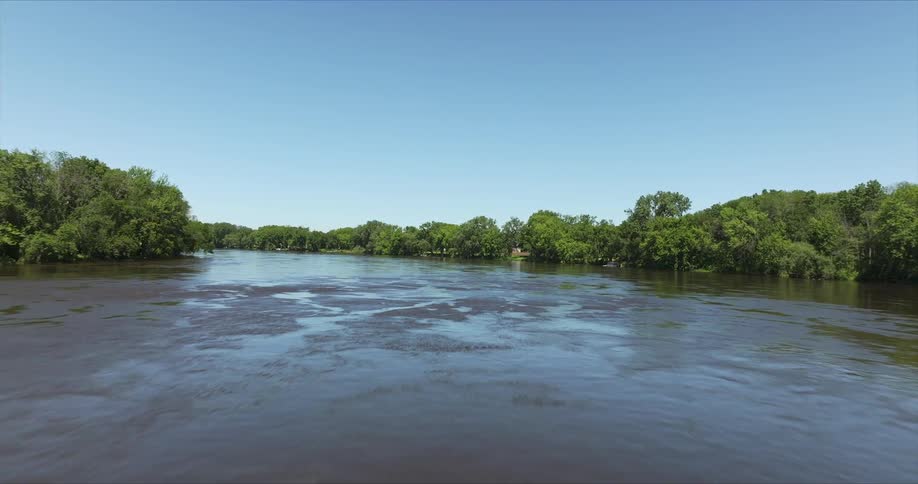 Moving view of a river with banks surrounded by trees