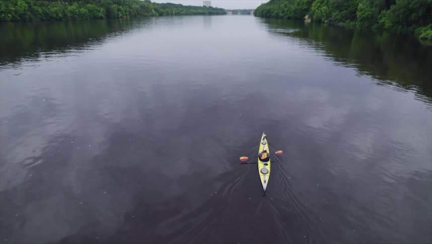 A person is kayaking on a calm wide river surrounded by dense green forest on both sides with a distant bridge visible in the horizon