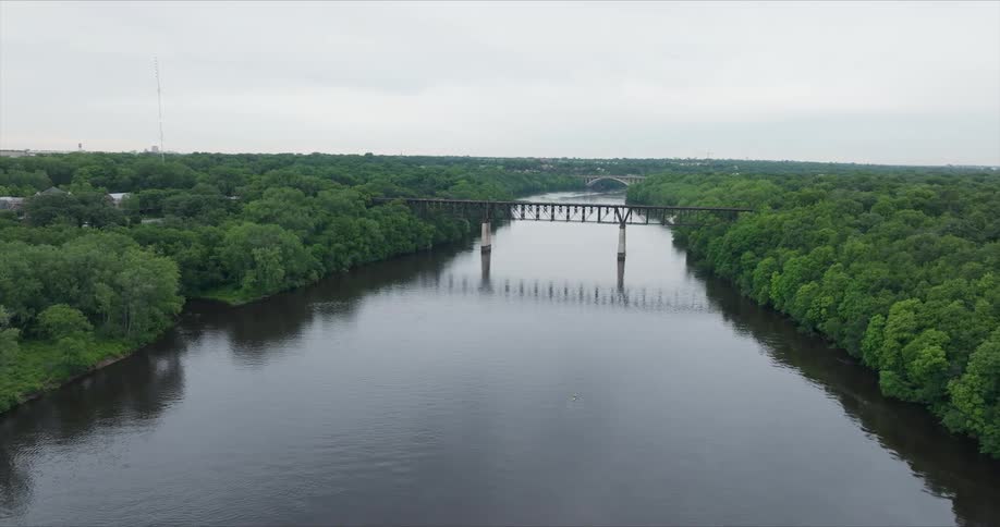 A large river with a bridge over it