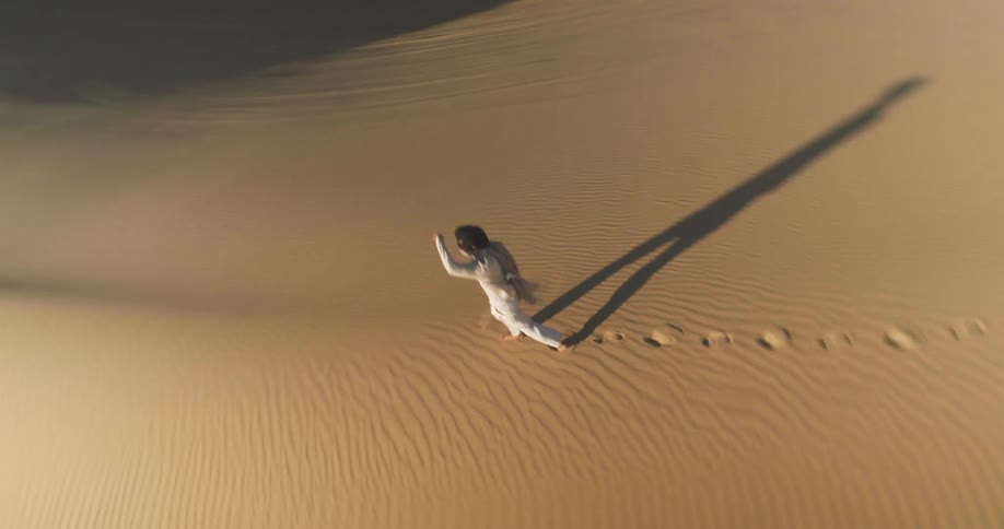 Aerial view of a man walking through the desert