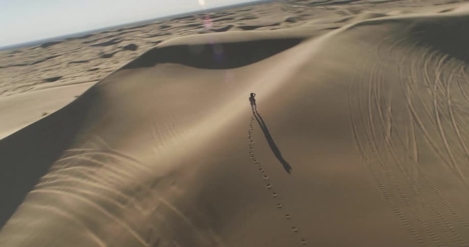 A lone figure walking across a vast undulating desert landscape under a clear sky