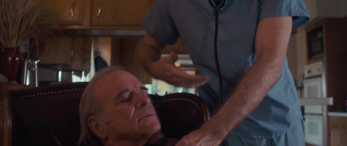 A male nurse cares for an elderly man in a cozy woodpaneled room at home