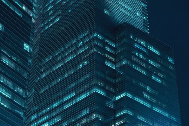 Lights in modern buildings flicker and flash at high speed at night