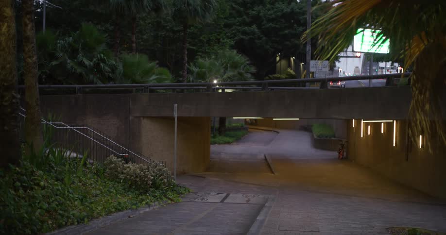 A pedestrian underpass with stairs leading down flanked by lush greenery and illuminated by streetlights at dusk