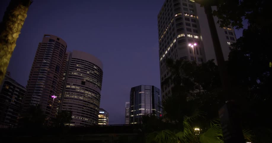 A nighttime cityscape with several illuminated highrise buildings featuring a park with palm trees and lamp posts in front