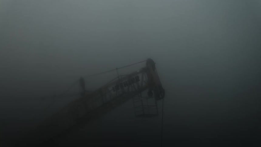Aerial view of a crane on a construction site in fog