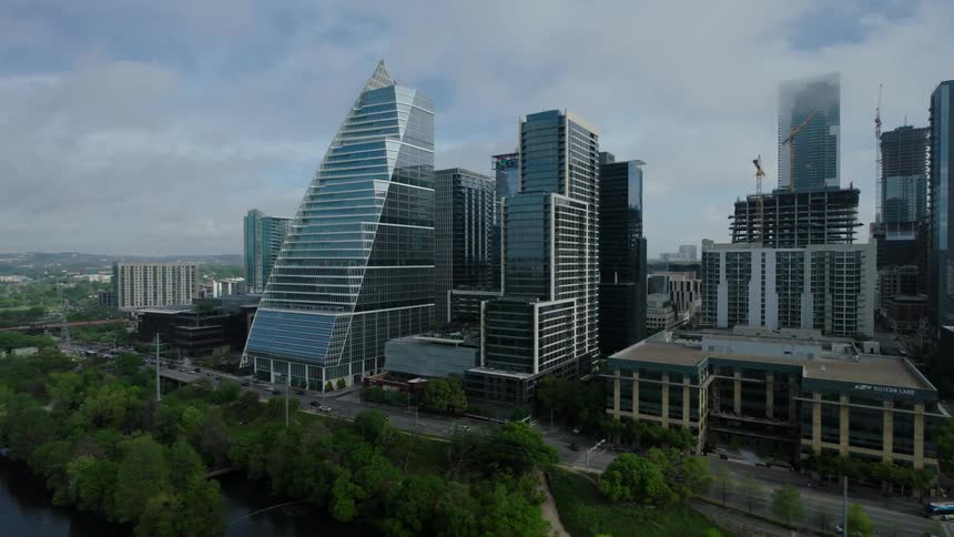 Modern buildings in a lakeside metropolis