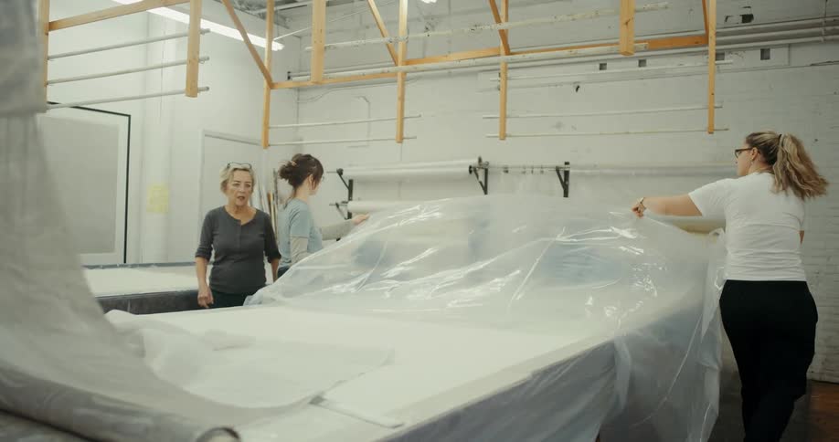 Two women removing plastic from a white fabric