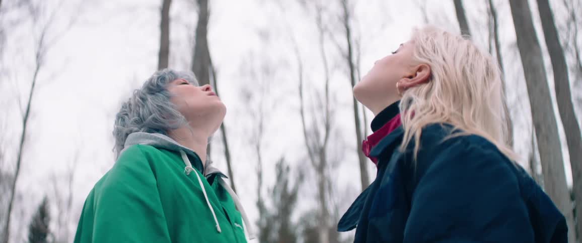 Two women in profile one with blond hair and the other with blue hair look up amidst a forest of tall trees