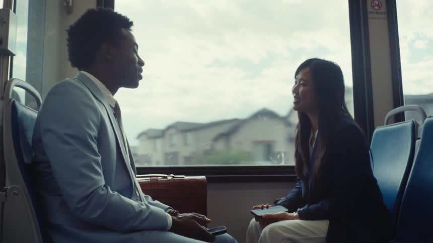 A man in a light blue suit and a woman with a navy blue blazer and straight hair are having a conversation and laughing on the train as it passes through a suburban area