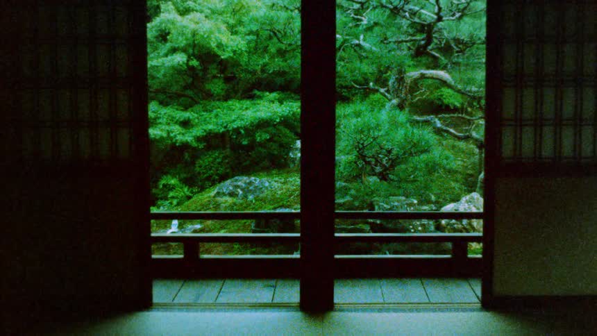 Interior view of open door of asian house with bonsai and trees in the backyard
