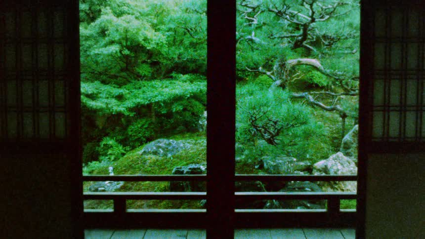 A japanese style room with open sliding doors framing a lush green garden with moss covered rocks and a large pine tree