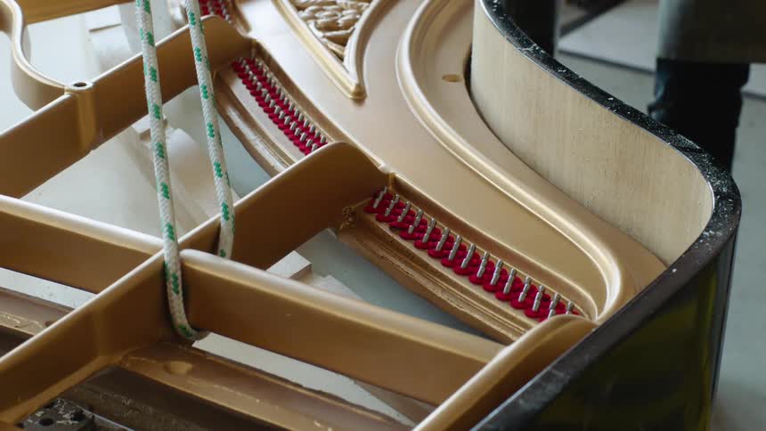 The interior of a grand piano featuring the golden frame red felt dampers and a white rope used during the pianos construction or repair