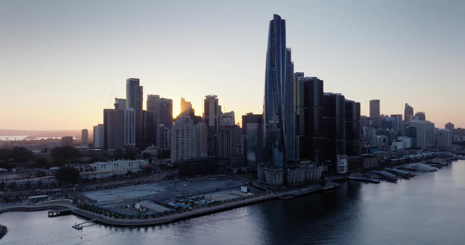 Tall towers fill the city on the shore