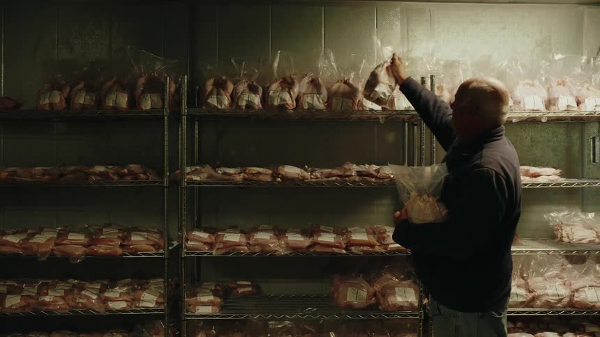 Man storing bags of food on shelves