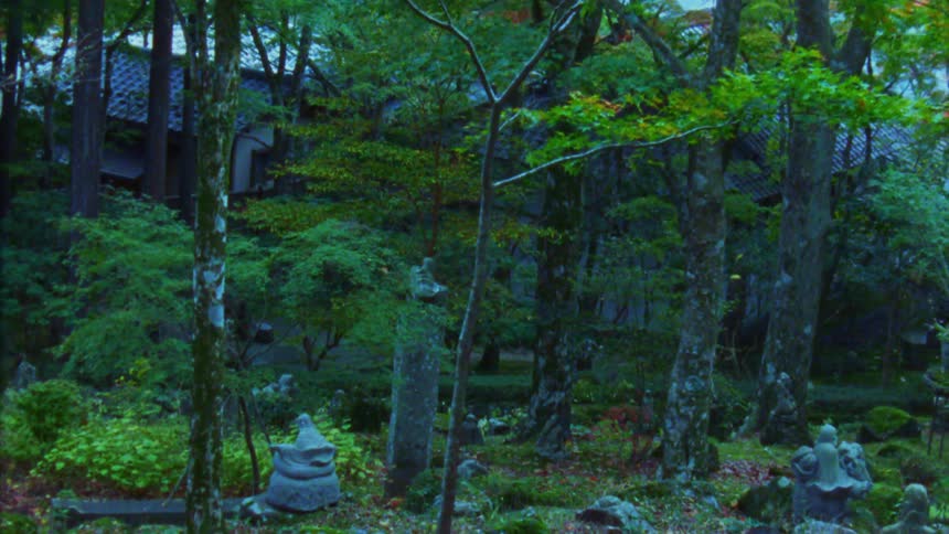 Traditional japanese garden with tall trees stone statues and dense vegetation surrounded by a tiled roof structure in the background