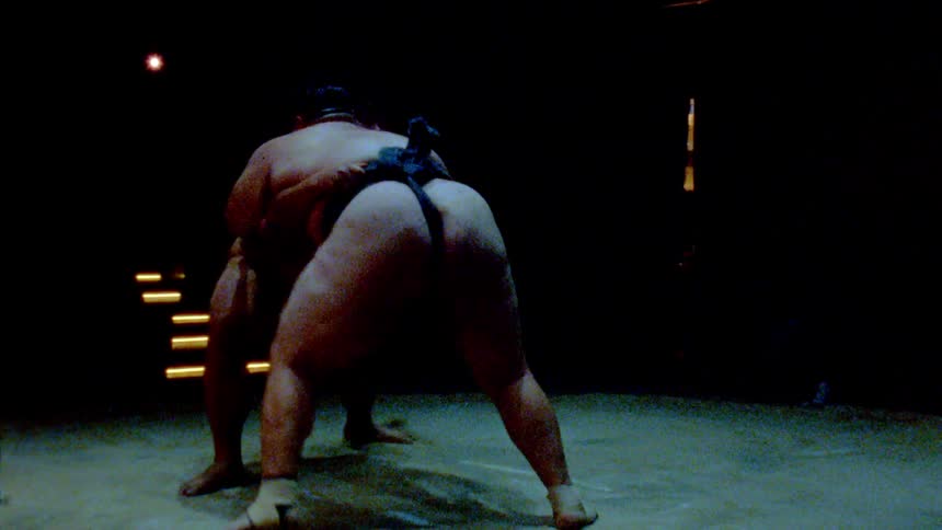Two sumo wrestlers compete with each other