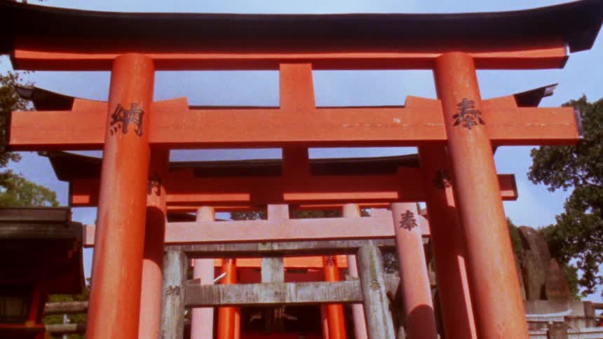 Torii gates lead to a shrine under a blue sky