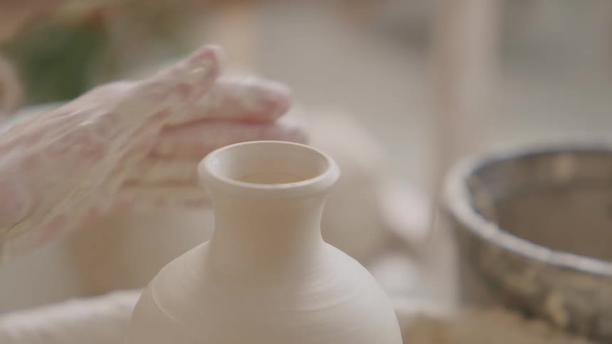 A pair of hands carefully inspect a freshly formed clay vase assessing its shape and texture