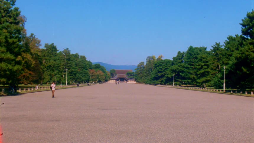 A wide gravel pathway lined with tall trees on both sides leads to a distant traditional japanese building under a clear blue sky
