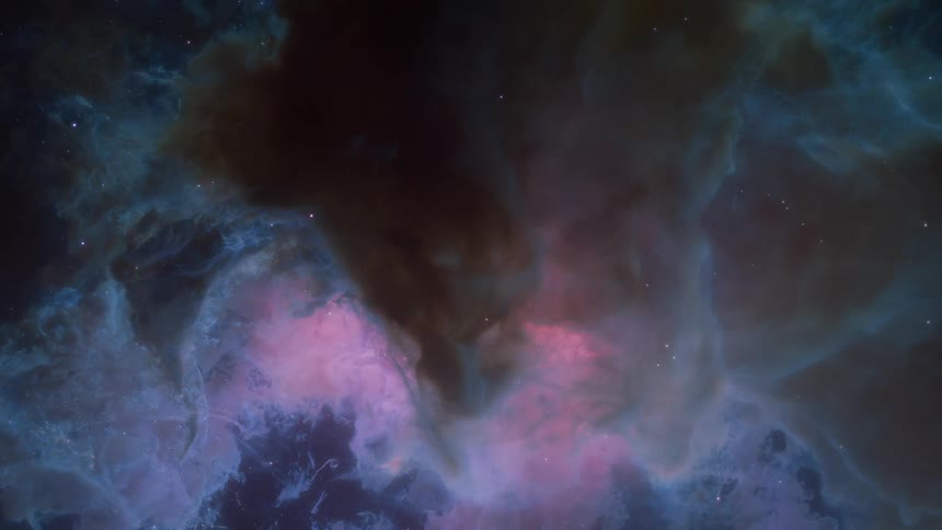 A nebula swirls with vibrant shades of pink and purple against a backdrop of deep space